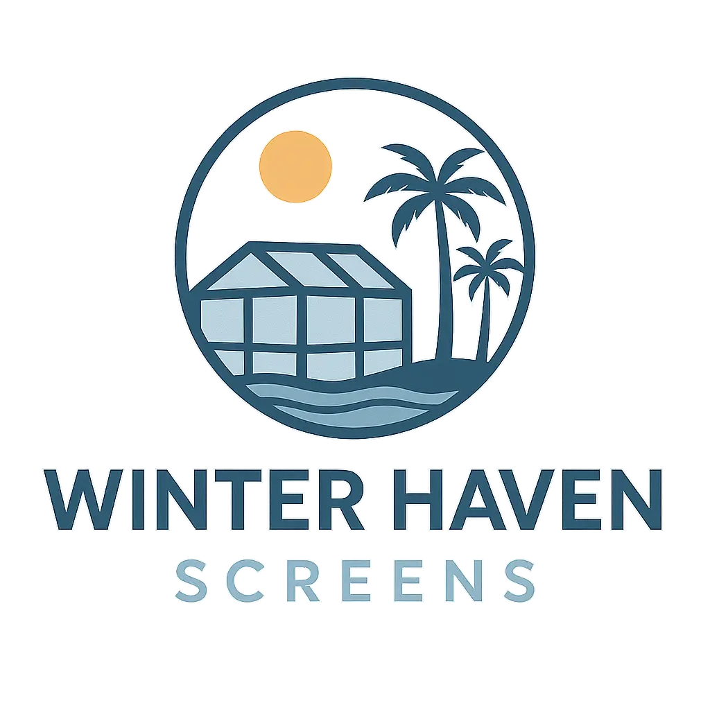 Winter Haven Screens company logo with screened enclosure and palm trees design