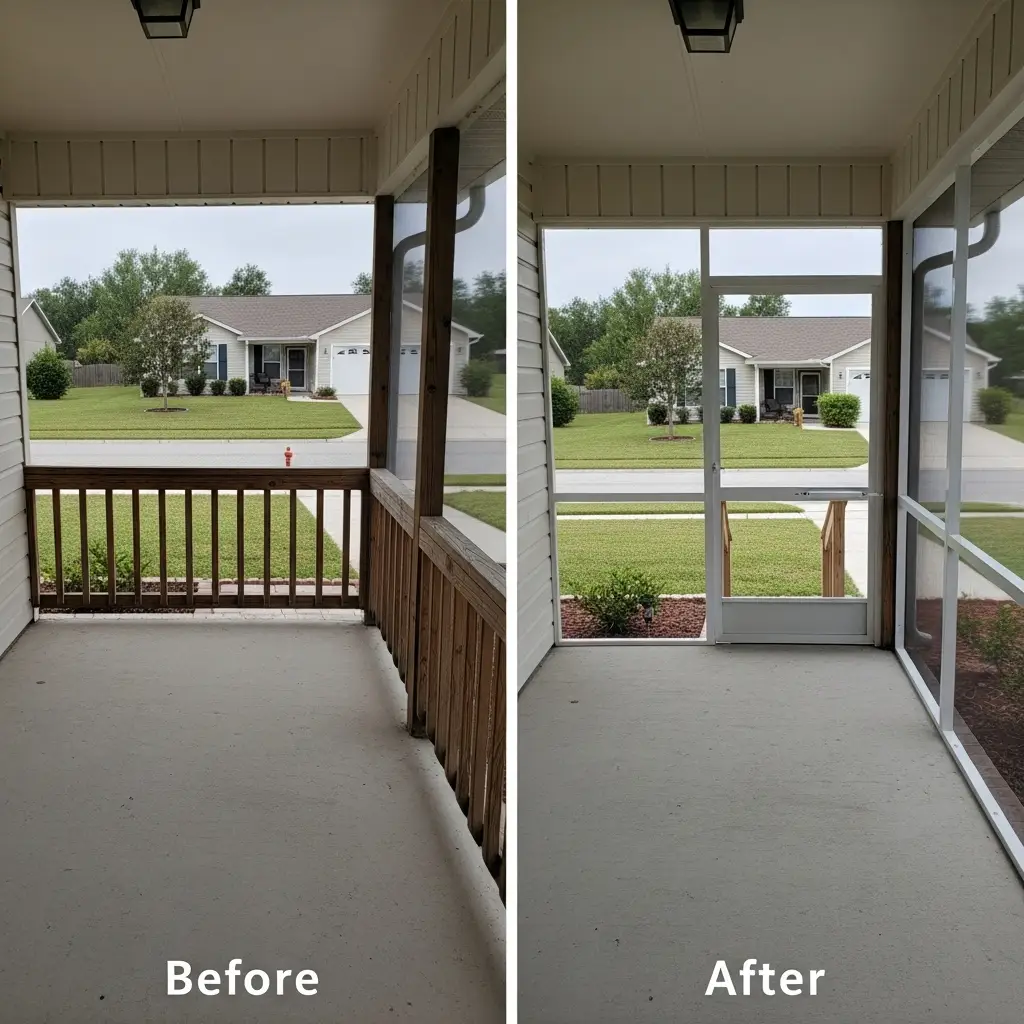 Before and after front porch screen repair in Winter Haven, FL enclosing open railing area