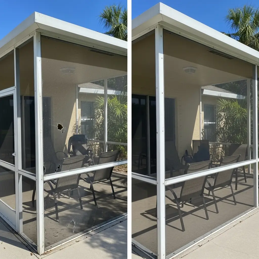 Before and after lanai screen repair in Winter Haven, FL fixing torn panels and damaged aluminum
