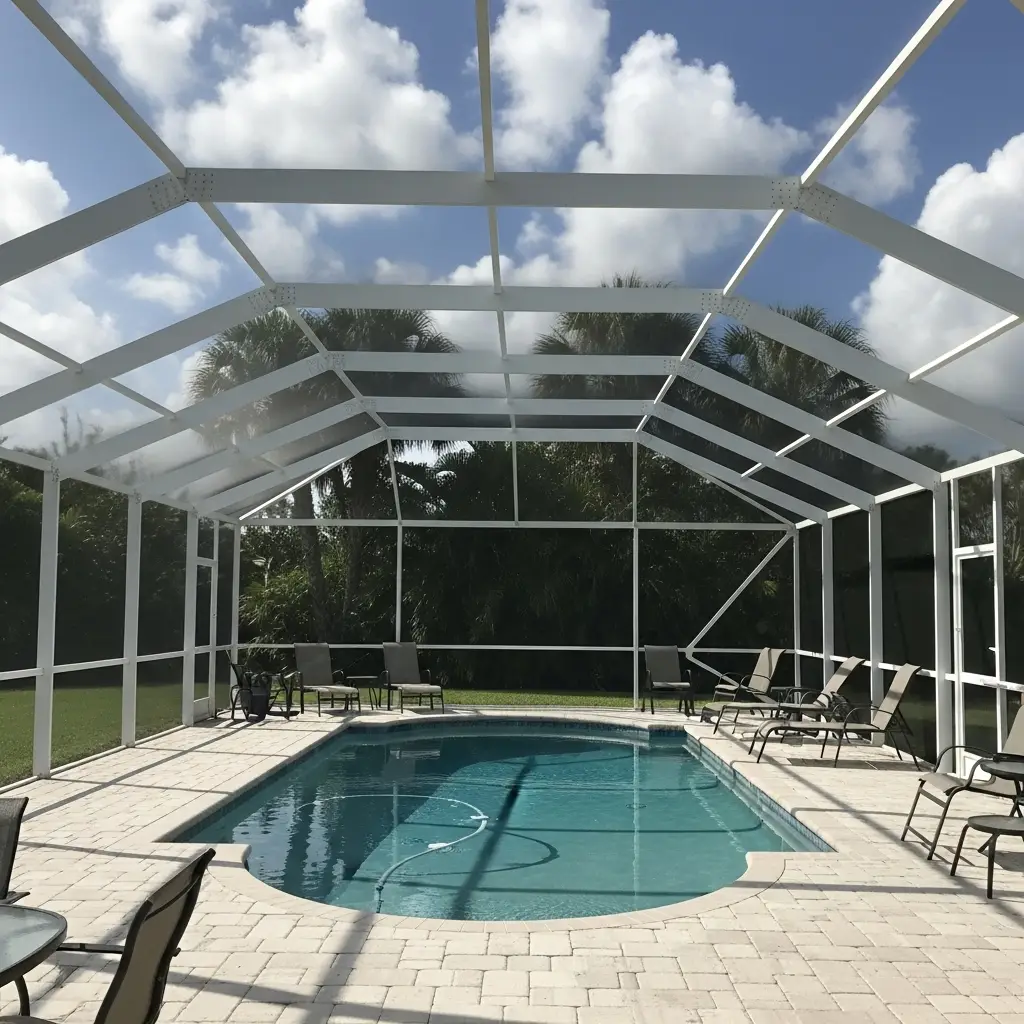 New pool cage installation in Winter Haven, FL with aluminum enclosure over backyard pool
