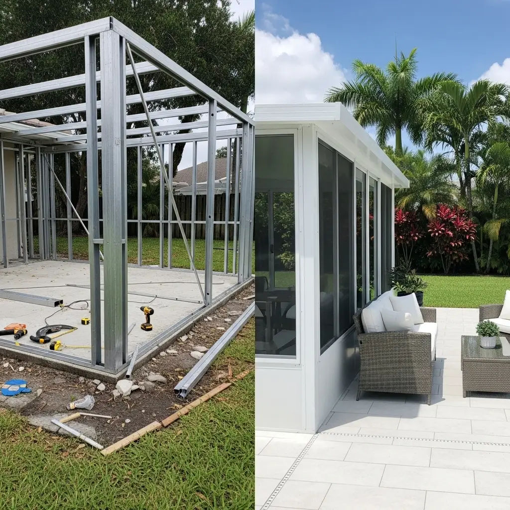 Before and after pool cage rescreening in Winter Haven, FL showing new aluminum structure and screened walls