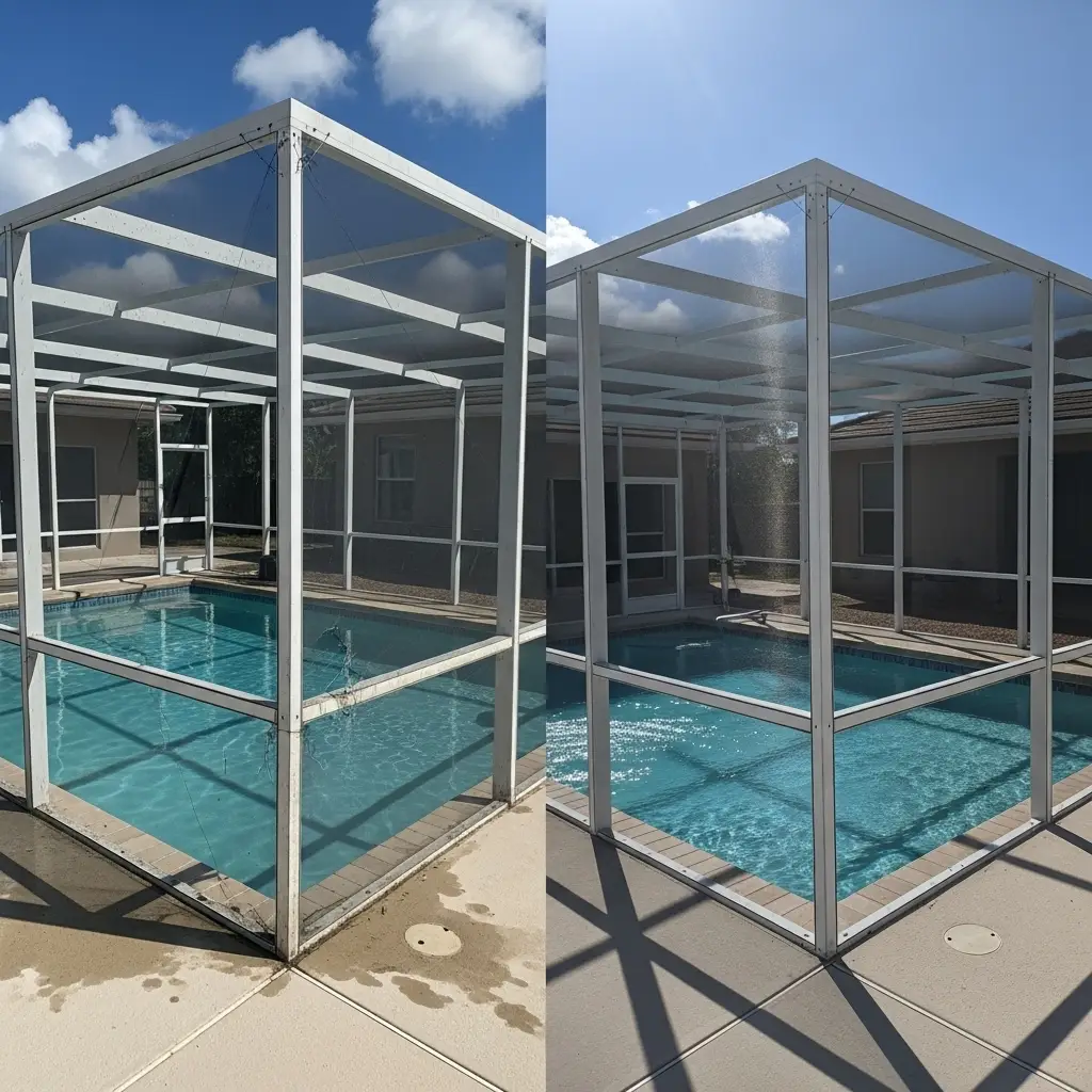 Pool enclosure frame repair in Winter Haven, FL with restored aluminum structure around pool