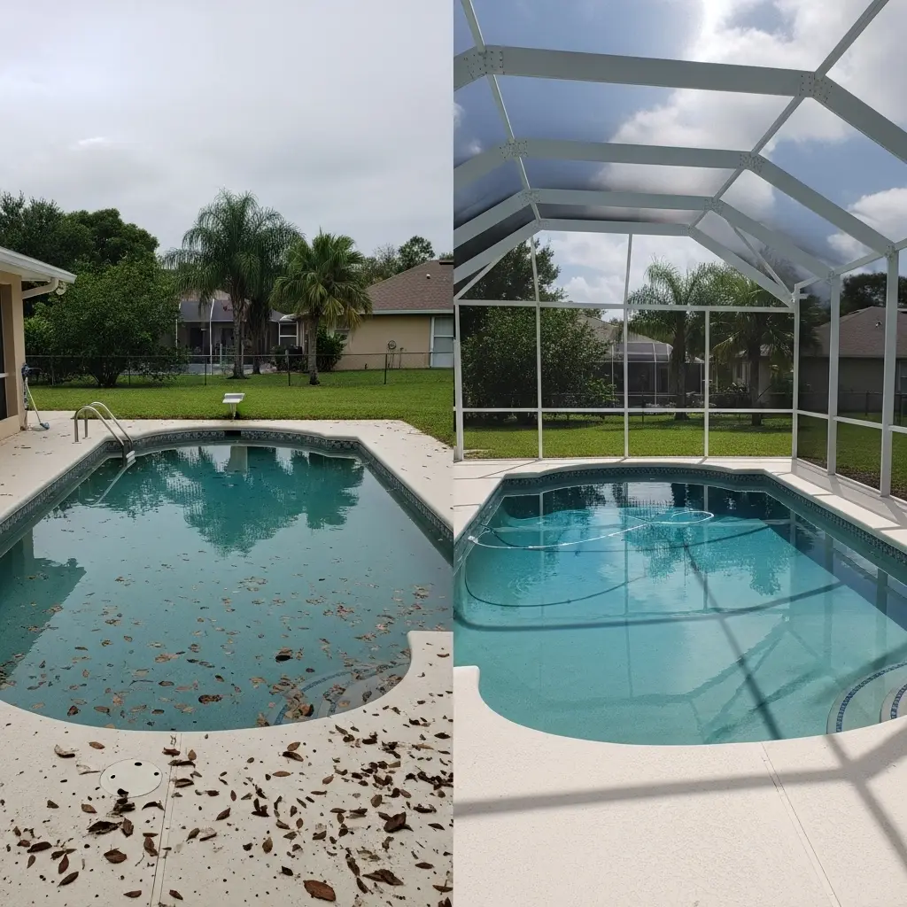 Before and after pool enclosure installation in Winter Haven, FL keeping leaves out of water