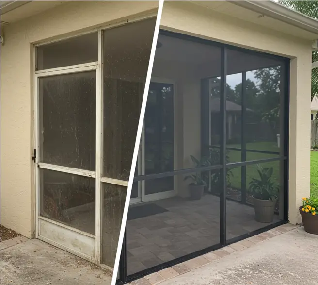 Before and after screen door repair in Winter Haven, FL showing upgraded frame and mesh