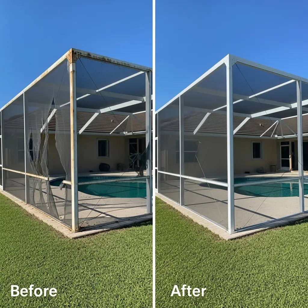 Before and after pool screen enclosure replacement in Winter Haven, FL showing restored structure.