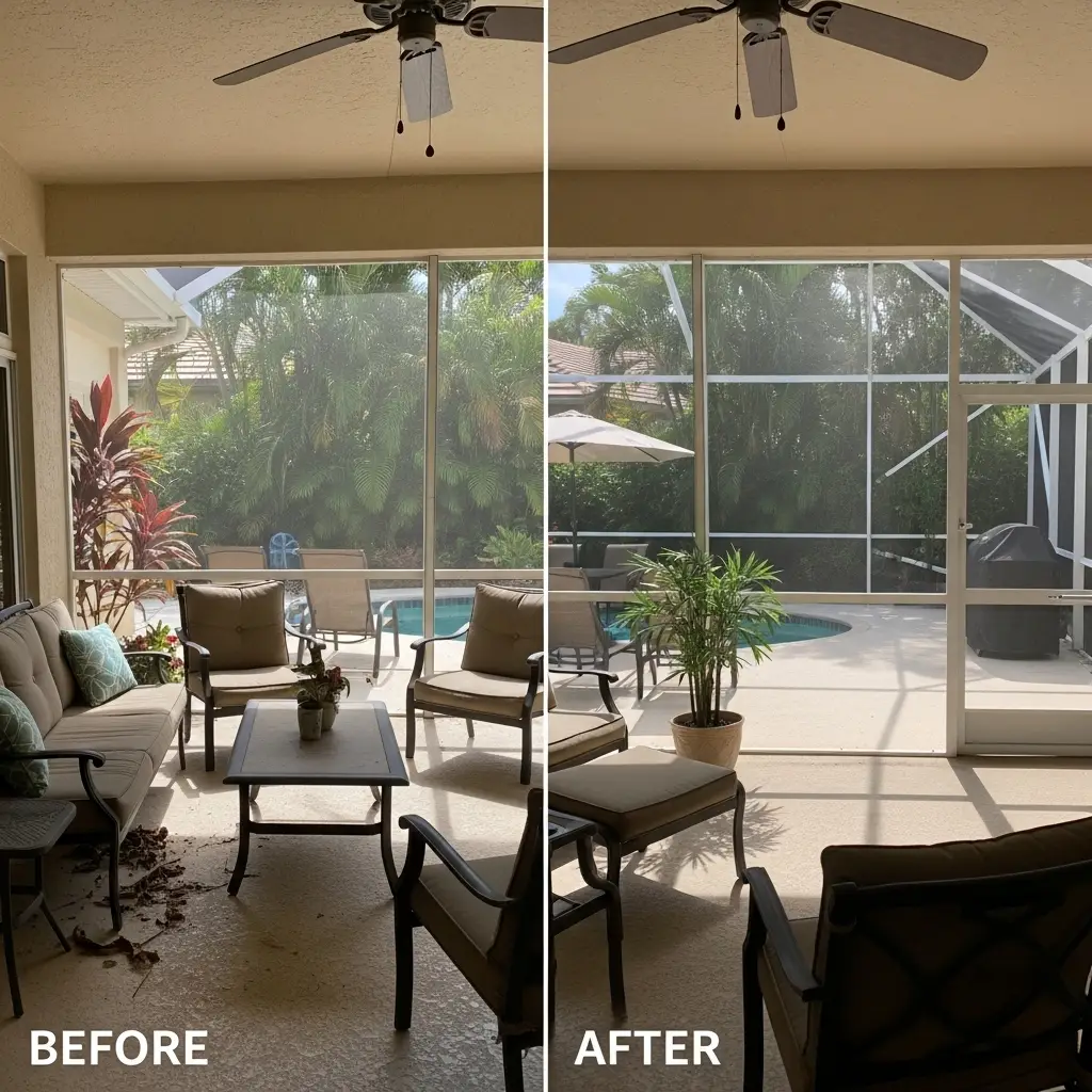Before and after sunroom screen repair showing cleaned and restored enclosure in Winter Haven, FL.
