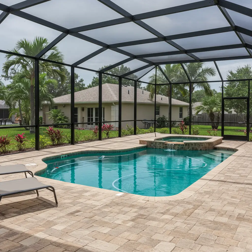 Two-story pool screen enclosure in Winter Haven, FL covering backyard swimming pool and spa